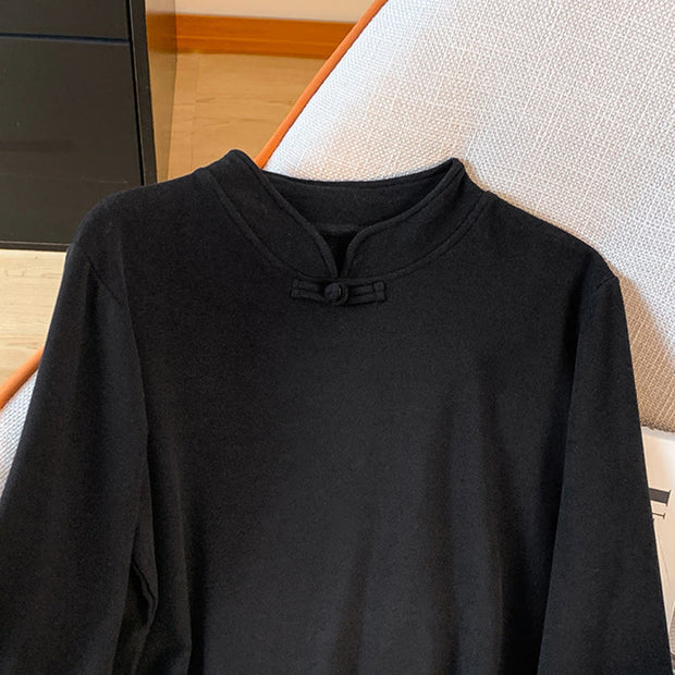 Buddha Stones Spring Solid Color Stand Collar Frog-button Design Women's Cotton Long Sleeve Shirt - image 28