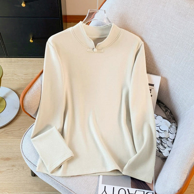 Buddha Stones Spring Solid Color Stand Collar Frog-button Design Women's Cotton Long Sleeve Shirt - image 1