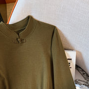 Buddha Stones Spring Solid Color Stand Collar Frog-button Design Women's Cotton Long Sleeve Shirt - image 18