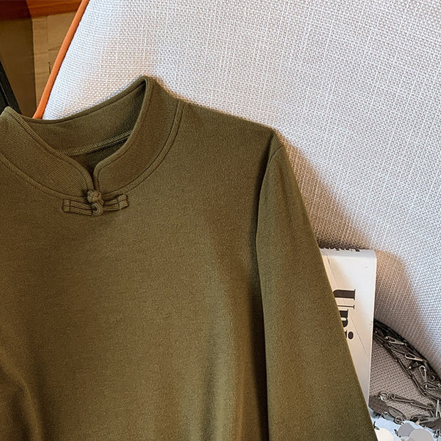 Buddha Stones Spring Solid Color Stand Collar Frog-button Design Women's Cotton Long Sleeve Shirt - image 18