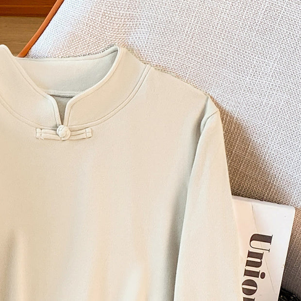 Buddha Stones Spring Solid Color Stand Collar Frog-button Design Women's Cotton Long Sleeve Shirt - image 8