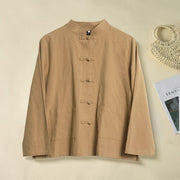 Buddha Stones Ethnic Frog-Button Long Sleeve Stand Collar Women's Cotton Shirt With Pockets - DarkGoldenrod - US12，UK/AU16，EU44 (2XL) - image 0