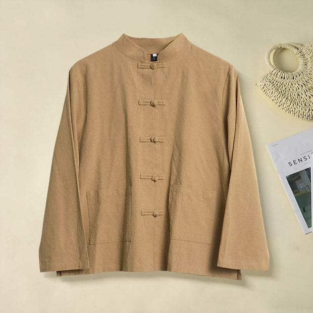 Buddha Stones Ethnic Frog-Button Long Sleeve Stand Collar Women's Cotton Shirt With Pockets - DarkGoldenrod - US12，UK/AU16，EU44 (2XL) - image 0