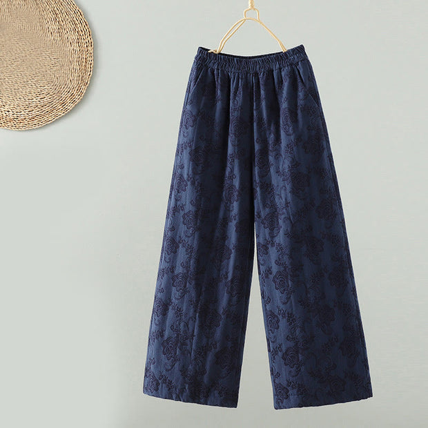 Buddha Stones Jacquard Cotton-padded Women's Wide Leg Thermal Ankle-Length Pants With Pockets - MidnightBlue - US8-10，UK/AU12-14，EU40-42 (2XL) - image 0