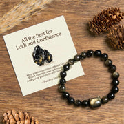 Buddha Stones "All the best for Luck and Confidence" Lovely Cat Bracelet Includes Gift Message Card - Gold Sheen Obsidian Cat Head - 10mm - Standard Gift Box - image 0