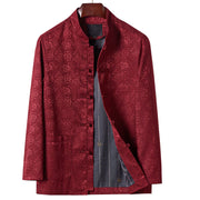 Buddha Stones Embroidery Pattern Stand Collar Long Sleeve Men's Tang Suit Jacket With Pockets - DarkRed - US/UK/AU44，EU54 (4XL) - image 1