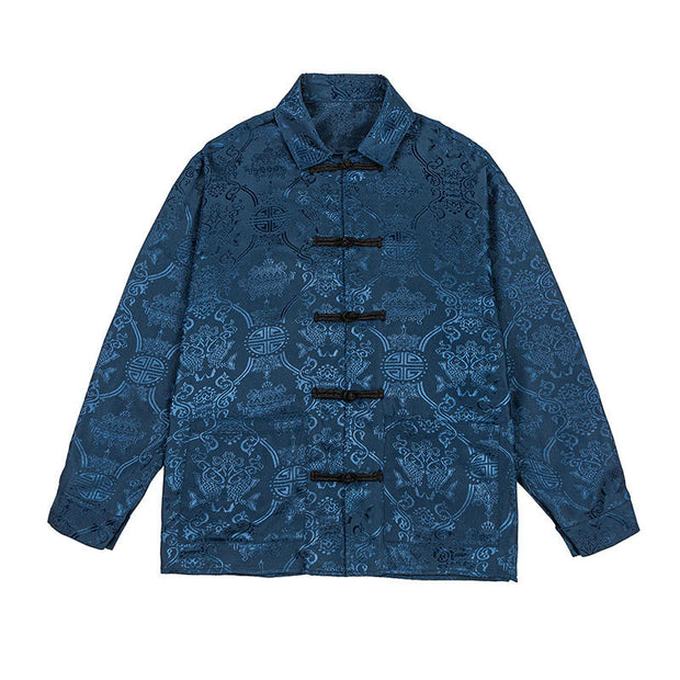 Buddha Stones Spring Jacquard Lapel Long Sleeve Men's Tang Suit Frog-Button Jacket With Pockets - image 9