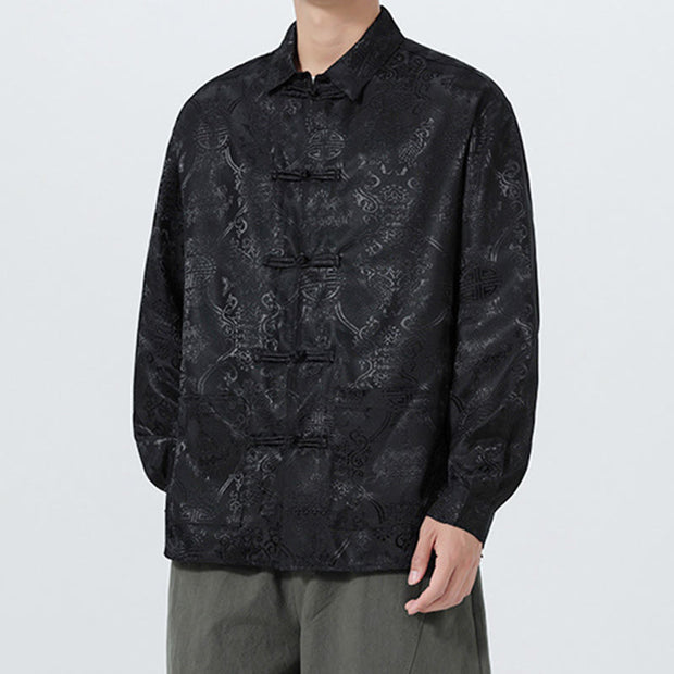 Buddha Stones Spring Jacquard Lapel Long Sleeve Men's Tang Suit Frog-Button Jacket With Pockets - image 15