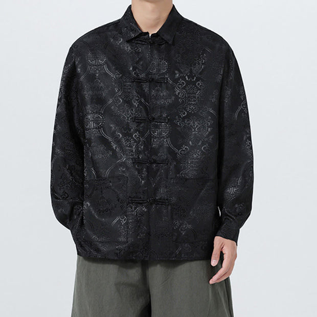 Buddha Stones Spring Jacquard Lapel Long Sleeve Men's Tang Suit Frog-Button Jacket With Pockets - Black - US/UK/AU46，EU56 (5XL) - image 10
