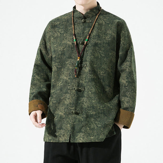Buddha Stones Spring Printed Floral Pattern Men's Chinese Frog-button Long Sleeve Cotton Jacket - image 2