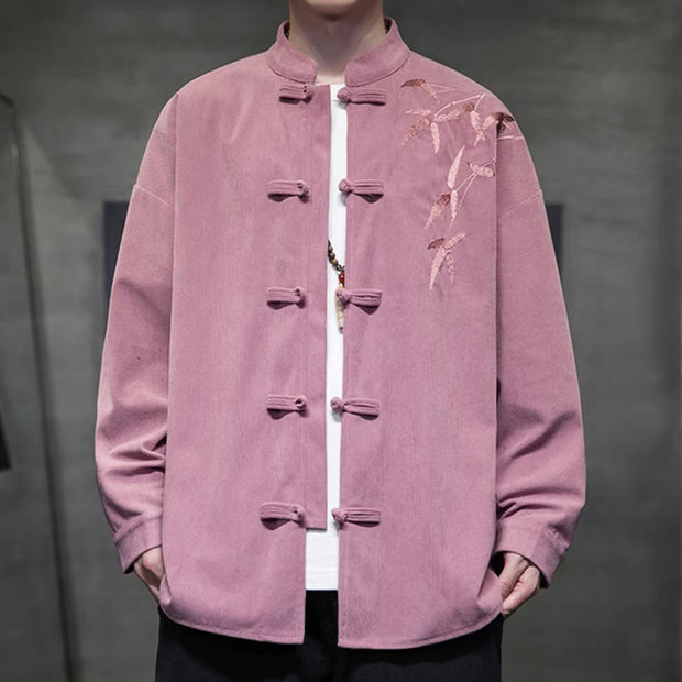 Buddha Stones Spring Chinese Embroiderd Bamboo Men's Frog-button Long Sleeve Cotton Corduroy Jacket - image 19