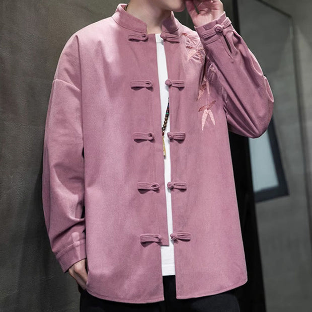 Buddha Stones Spring Chinese Embroiderd Bamboo Men's Frog-button Long Sleeve Cotton Corduroy Jacket - image 22