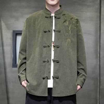 Buddha Stones Spring Chinese Embroiderd Bamboo Men's Frog-button Long Sleeve Cotton Corduroy Jacket - OliveDrab - US/UK/AU48，EU58(5XL) - image 0