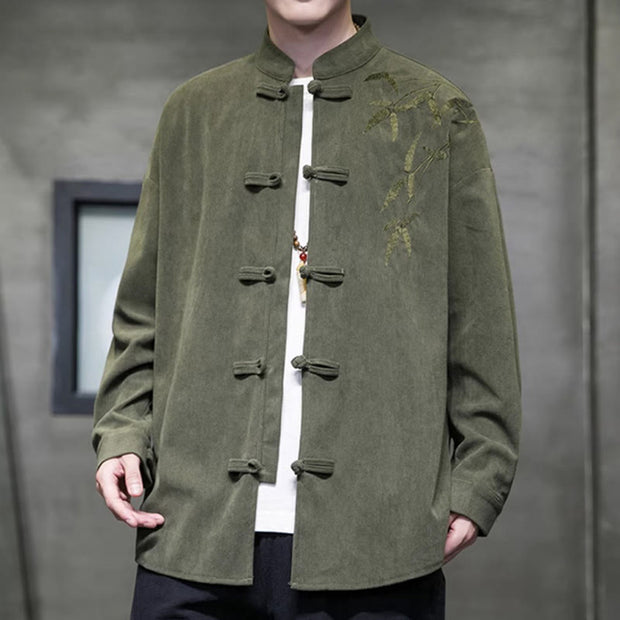 Buddha Stones Spring Chinese Embroiderd Bamboo Men's Frog-button Long Sleeve Cotton Corduroy Jacket - image 3