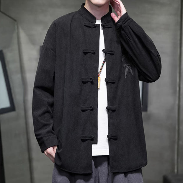 Buddha Stones Spring Chinese Embroiderd Bamboo Men's Frog-button Long Sleeve Cotton Corduroy Jacket - image 33