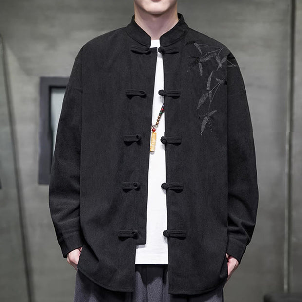 Buddha Stones Spring Chinese Embroiderd Bamboo Men's Frog-button Long Sleeve Cotton Corduroy Jacket - image 31