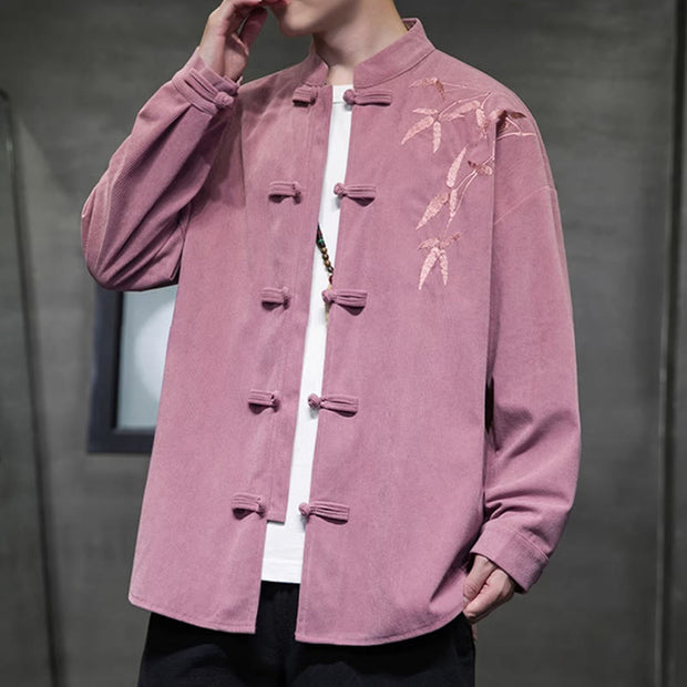 Buddha Stones Spring Chinese Embroiderd Bamboo Men's Frog-button Long Sleeve Cotton Corduroy Jacket - image 21