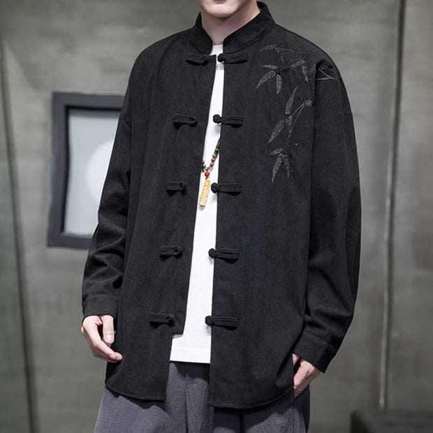 Buddha Stones Spring Chinese Embroiderd Bamboo Men's Frog-button Long Sleeve Cotton Corduroy Jacket - image 29