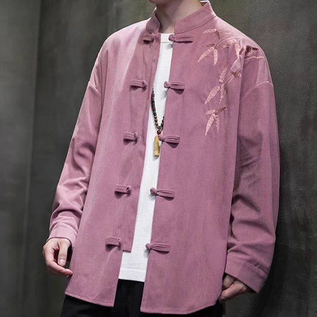 Buddha Stones Spring Chinese Embroiderd Bamboo Men's Frog-button Long Sleeve Cotton Corduroy Jacket - image 25