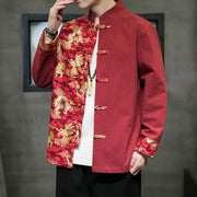 Buddha Stones Printed Color Contrast Dragon Pattern Frog-button Long Sleeve Men's Cotton Jacket - image 4