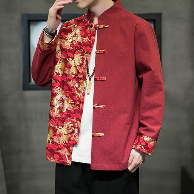 Buddha Stones Printed Color Contrast Dragon Pattern Frog-button Long Sleeve Men's Cotton Jacket - image 4