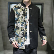 Buddha Stones Printed Color Contrast Dragon Pattern Frog-button Long Sleeve Men's Cotton Jacket - image 13