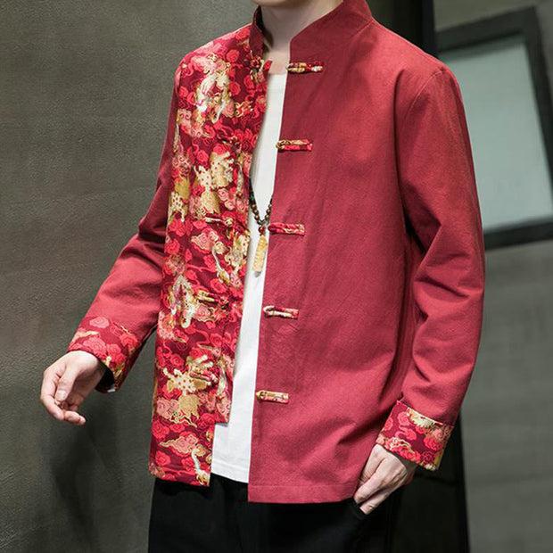 Buddha Stones Printed Color Contrast Dragon Pattern Frog-button Long Sleeve Men's Cotton Jacket - image 1