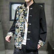 Buddha Stones Printed Color Contrast Dragon Pattern Frog-button Long Sleeve Men's Cotton Jacket - image 12