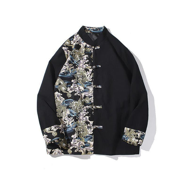 Buddha Stones Printed Color Contrast Dragon Pattern Frog-button Long Sleeve Men's Cotton Jacket - image 20