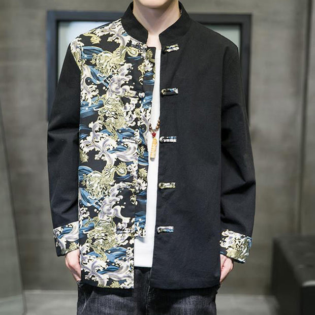 Buddha Stones Printed Color Contrast Dragon Pattern Frog-button Long Sleeve Men's Cotton Jacket - image 11