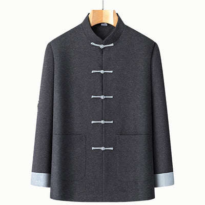 Buddha Stones Men's Fall Pure Color Frog-button Long Sleeve Cotton Tang Suit Jacket With Pockets - DimGray - US/UK/AU44，EU54 (4XL) - image 0
