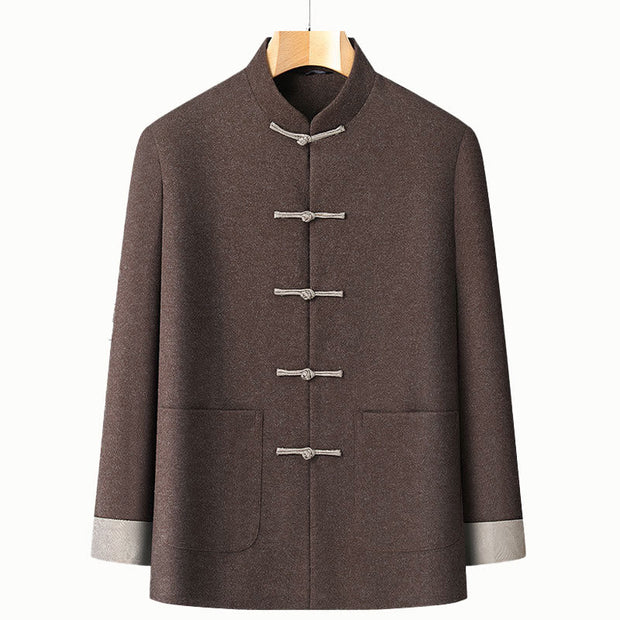 Buddha Stones Men's Fall Pure Color Frog-button Long Sleeve Cotton Tang Suit Jacket With Pockets - Brown - US/UK/AU44，EU54 (4XL) - image 2