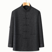 Buddha Stones Men's Fall Pure Color Frog-button Long Sleeve Cotton Tang Suit Jacket With Pockets - Black - US/UK/AU44，EU54 (4XL) - image 1