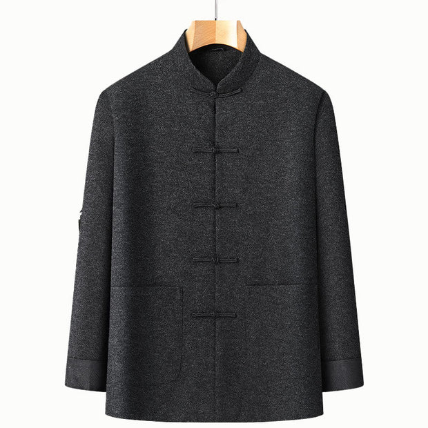 Buddha Stones Men's Fall Pure Color Frog-button Long Sleeve Cotton Tang Suit Jacket With Pockets - Black - US/UK/AU44，EU54 (4XL) - image 1