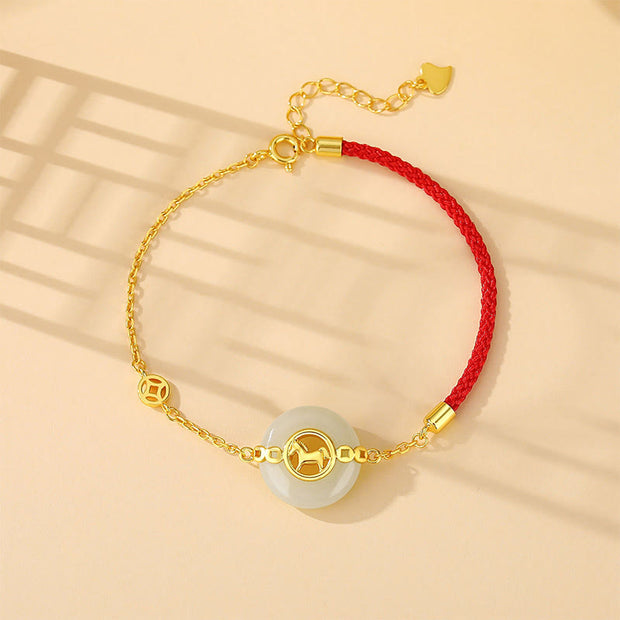 Buddha Stones 925 Sterling Silver Hetian Jade Peace Buckle Year Of The Horse Red String Bracelet - Horse Bracelet - image 1