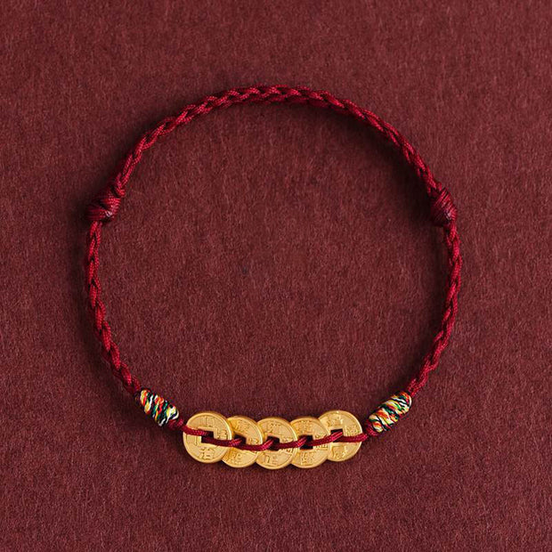 Buddha Stones Five Copper Coins Design Braided String Protection Bracelet Anklet - DarkRed Anklet - image 11