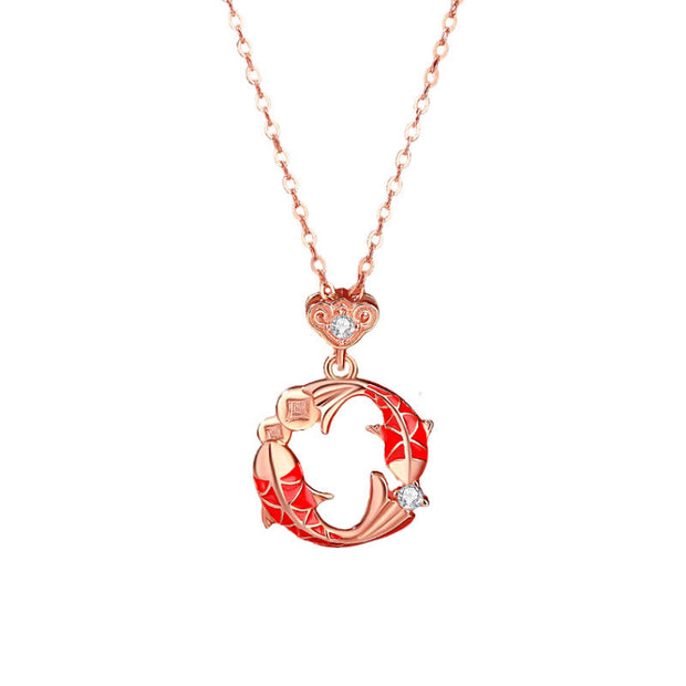 Buddha Stones 925 Sterling Silver Plated 18k Gold Double Koi Fish Blessing Necklace Pendant - image 2