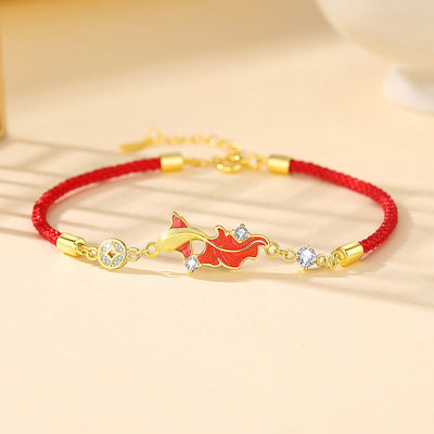 Buddha Stones 925 Sterling Silver Koi Fish Design Red String Blessing Bracelet - image 0