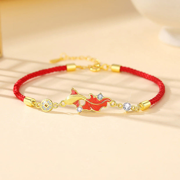 Buddha Stones 925 Sterling Silver Koi Fish Design Red String Blessing Bracelet - image 0