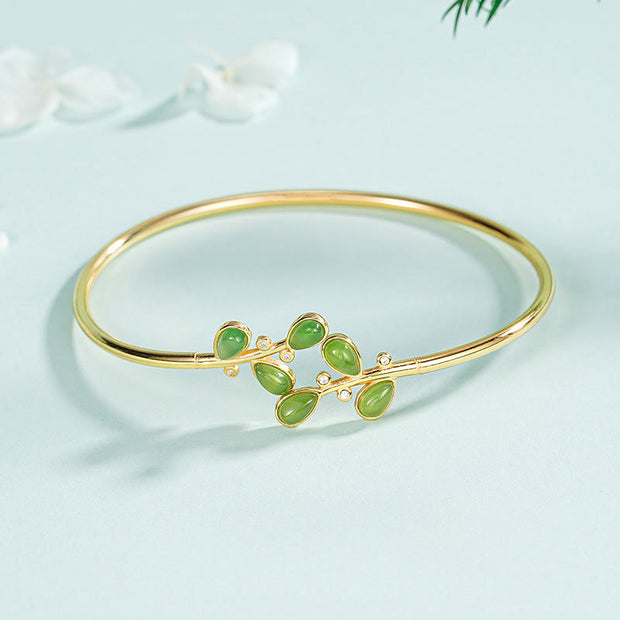 Buddha Stones 925 Sterling Silver Leaves Engraved Green Jasper Protection Bracelet Bangle - image 0