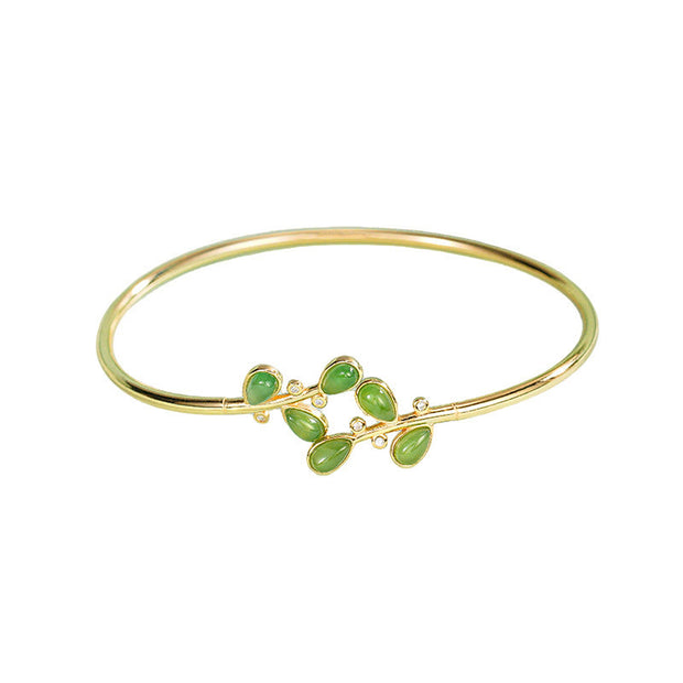 Buddha Stones 925 Sterling Silver Leaves Engraved Green Jasper Protection Bracelet Bangle - image 3