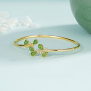 Buddha Stones 925 Sterling Silver Leaves Engraved Green Jasper Protection Bracelet Bangle - image 2