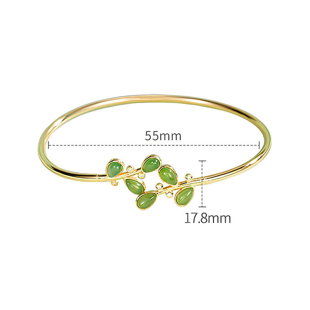 Buddha Stones 925 Sterling Silver Leaves Engraved Green Jasper Protection Bracelet Bangle - image 4