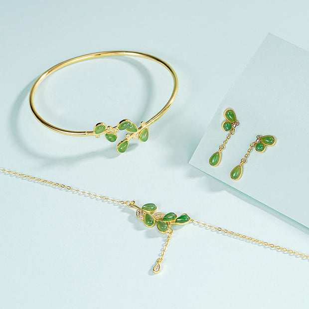 Buddha Stones 925 Sterling Silver Leaves Tassel Design Green Jasper Protection Necklace Pandant - image 20