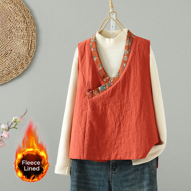 Buddha Stones Flower Pattern V-Neck Frog-Button Women's Sleeveless Vest Waistcoat - Tomato - US8-10，UK/AU12-14，EU40-42 (2XL) - image 0