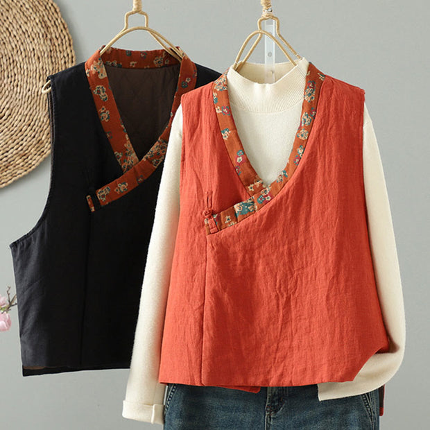 Buddha Stones Flower Pattern V-Neck Frog-Button Women's Sleeveless Vest Waistcoat - image 1