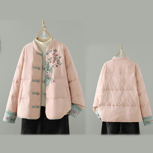 Buddha Stones Peach Blossom Embroidery Frog-Button Long Sleeve Thermal Women's Jacket With Pockets - image 14
