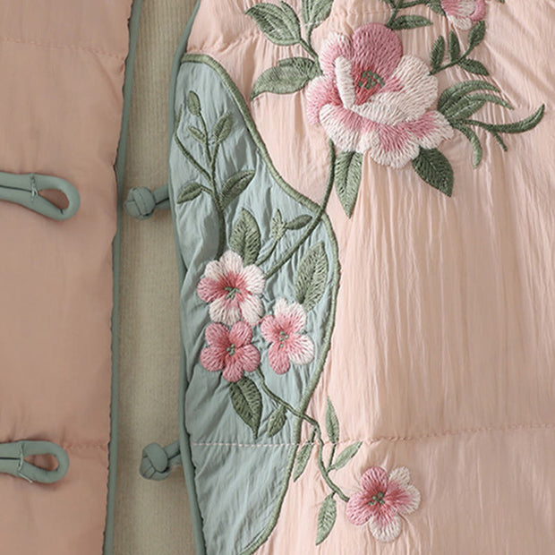 Buddha Stones Peach Blossom Embroidery Frog-Button Long Sleeve Thermal Women's Jacket With Pockets - image 6