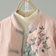 Buddha Stones Peach Blossom Embroidery Frog-Button Long Sleeve Thermal Women's Jacket With Pockets - image 3