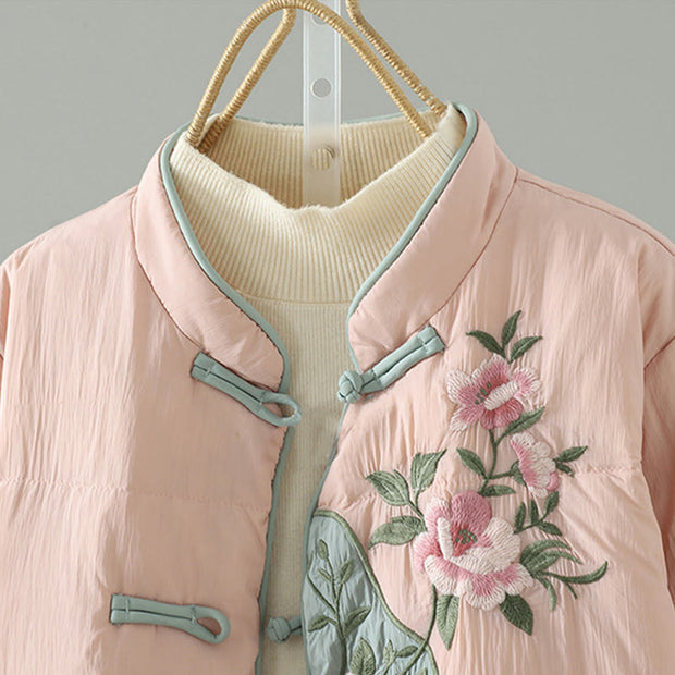 Buddha Stones Peach Blossom Embroidery Frog-Button Long Sleeve Thermal Women's Jacket With Pockets - image 3